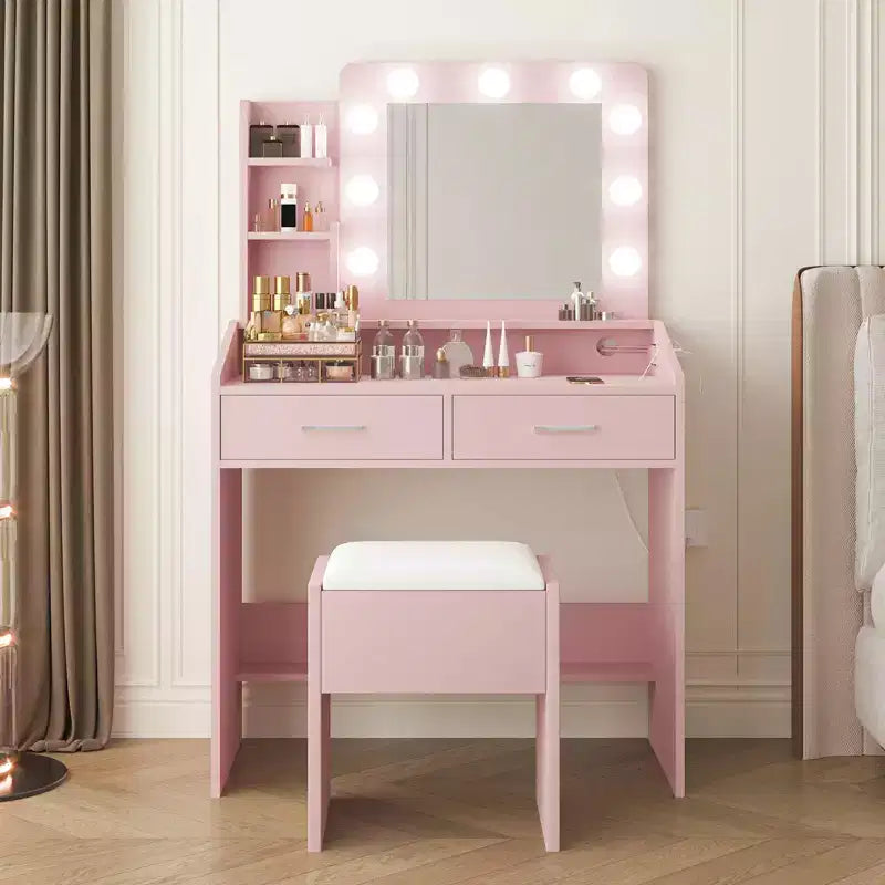 Coiffeuse avec miroir et lumières, coiffeuse de maquillage avec prise de courant et tabouret rembourré, 3 modes d'éclairage luminosité réglable, table de maquillage