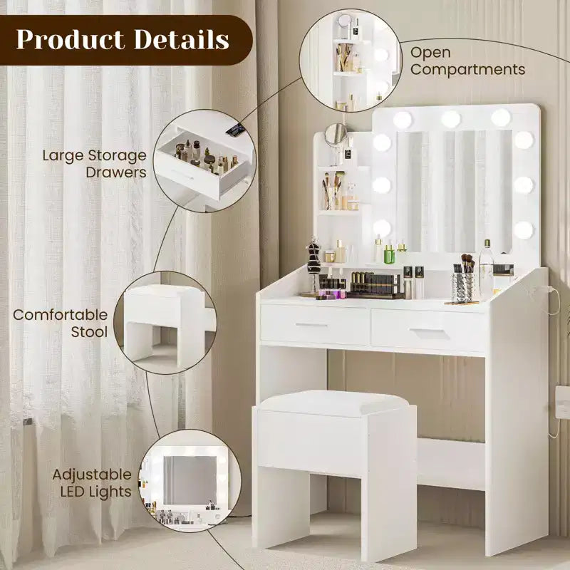 Coiffeuse avec miroir et lumières, coiffeuse de maquillage avec prise de courant et tabouret rembourré, 3 modes d'éclairage luminosité réglable, table de maquillage