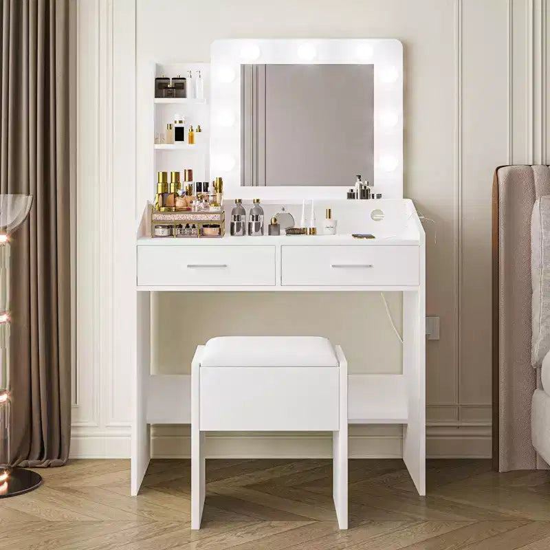 Coiffeuse avec miroir et lumières, coiffeuse de maquillage avec prise de courant et tabouret rembourré, 3 modes d'éclairage luminosité réglable, table de maquillage