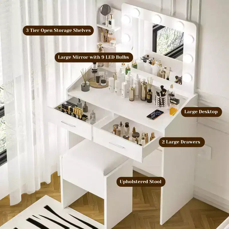 Coiffeuse avec miroir et lumières, coiffeuse de maquillage avec prise de courant et tabouret rembourré, 3 modes d'éclairage luminosité réglable, table de maquillage