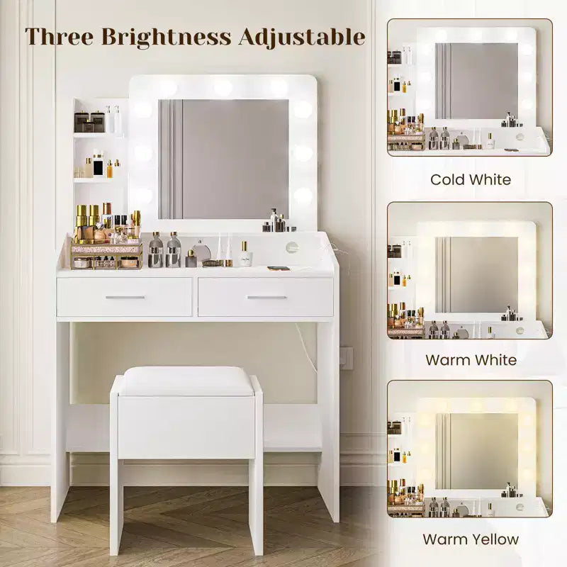 Coiffeuse avec miroir et lumières, coiffeuse de maquillage avec prise de courant et tabouret rembourré, 3 modes d'éclairage luminosité réglable, table de maquillage