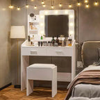 Coiffeuse avec miroir et lumières, coiffeuse de maquillage avec prise de courant et tabouret rembourré, 3 modes d'éclairage luminosité réglable, table de maquillage