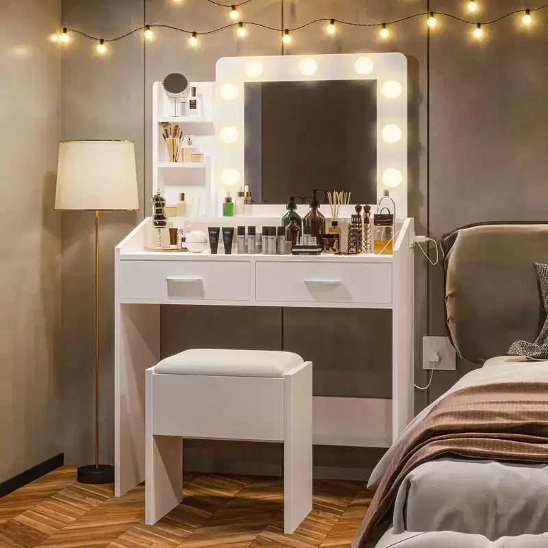 Coiffeuse avec miroir et lumières, coiffeuse de maquillage avec prise de courant et tabouret rembourré, 3 modes d'éclairage luminosité réglable, table de maquillage