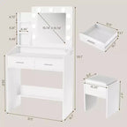 Coiffeuse avec miroir et lumières, coiffeuse de maquillage avec prise de courant et tabouret rembourré, 3 modes d'éclairage luminosité réglable, table de maquillage