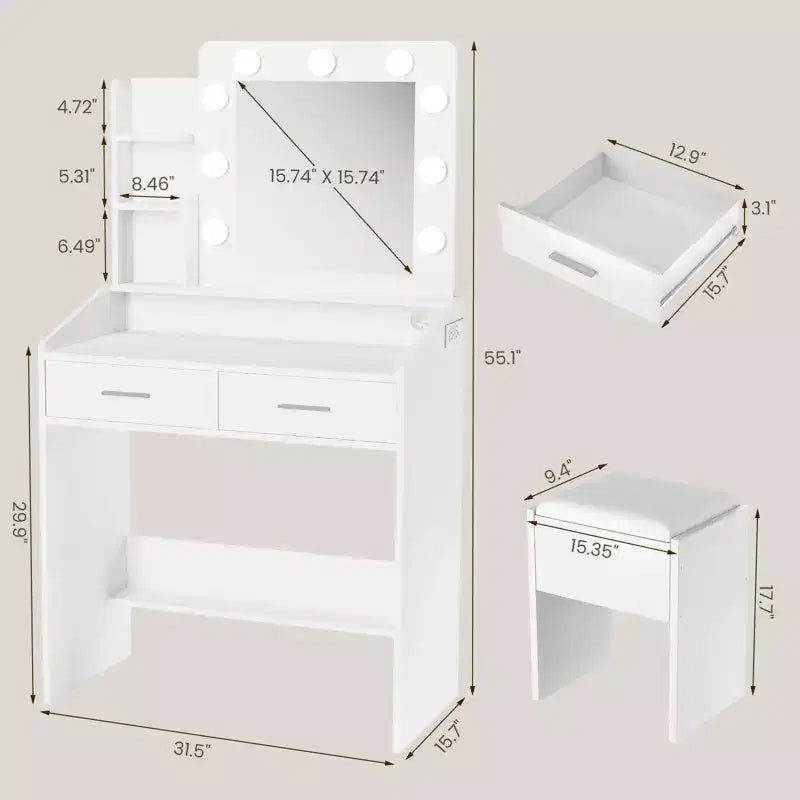 Coiffeuse avec miroir et lumières, coiffeuse de maquillage avec prise de courant et tabouret rembourré, 3 modes d'éclairage luminosité réglable, table de maquillage