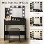 Coiffeuse avec miroir et lumières, coiffeuse de maquillage avec prise de courant et tabouret rembourré, 3 modes d'éclairage luminosité réglable, table de maquillage