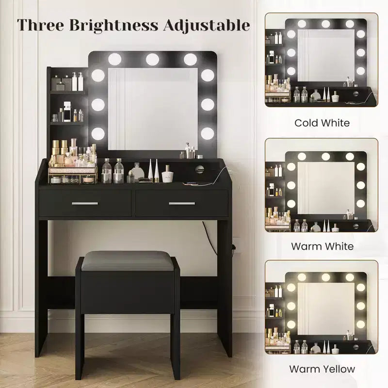 Coiffeuse avec miroir et lumières, coiffeuse de maquillage avec prise de courant et tabouret rembourré, 3 modes d'éclairage luminosité réglable, table de maquillage