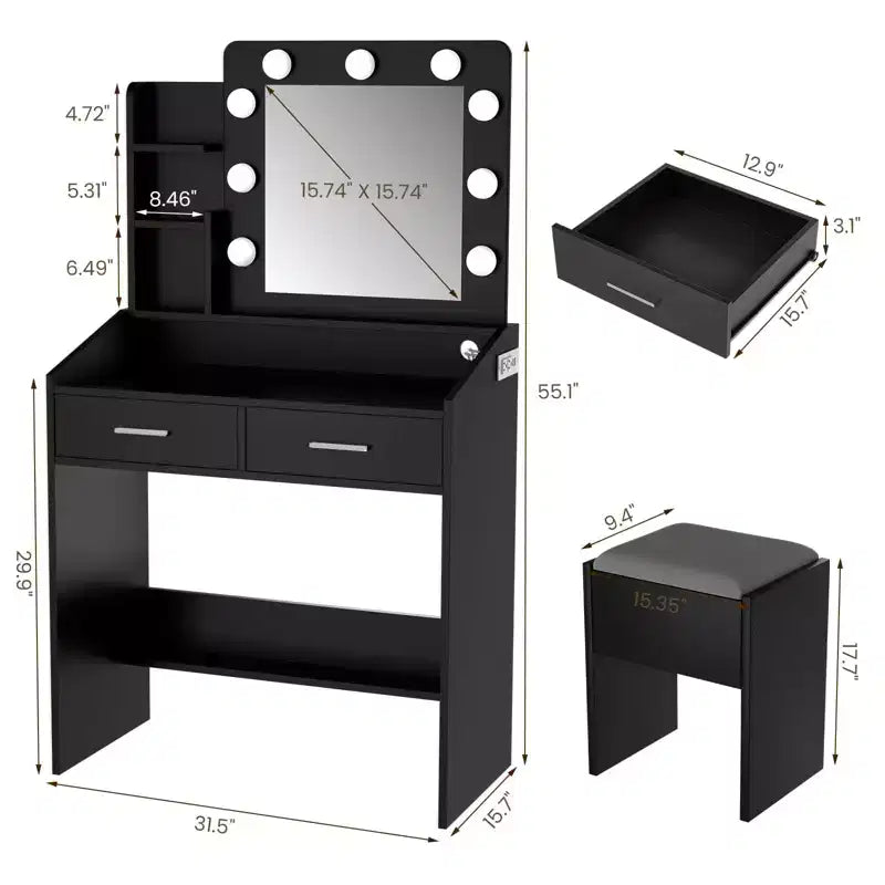 Coiffeuse avec miroir et lumières, coiffeuse de maquillage avec prise de courant et tabouret rembourré, 3 modes d'éclairage luminosité réglable, table de maquillage