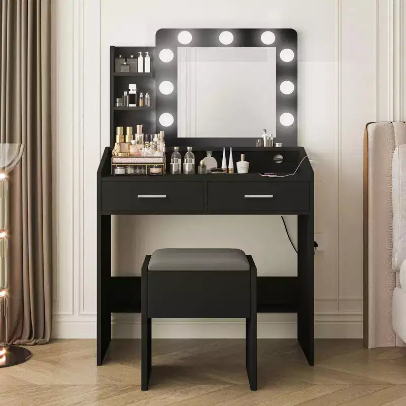 Coiffeuse avec miroir et lumières, coiffeuse de maquillage avec prise de courant et tabouret rembourré, 3 modes d'éclairage luminosité réglable, table de maquillage