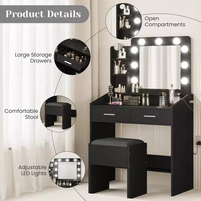 Coiffeuse avec miroir et lumières, coiffeuse de maquillage avec prise de courant et tabouret rembourré, 3 modes d'éclairage luminosité réglable, table de maquillage