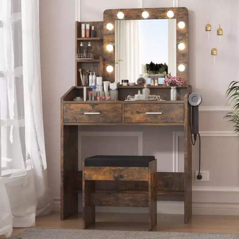 Coiffeuse avec miroir et lumières, coiffeuse de maquillage avec prise de courant et tabouret rembourré, 3 modes d'éclairage luminosité réglable, table de maquillage