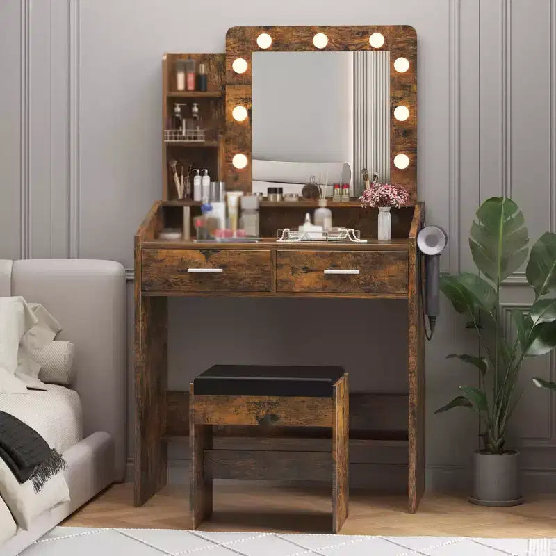 Coiffeuse avec miroir et lumières, coiffeuse de maquillage avec prise de courant et tabouret rembourré, 3 modes d'éclairage luminosité réglable, table de maquillage