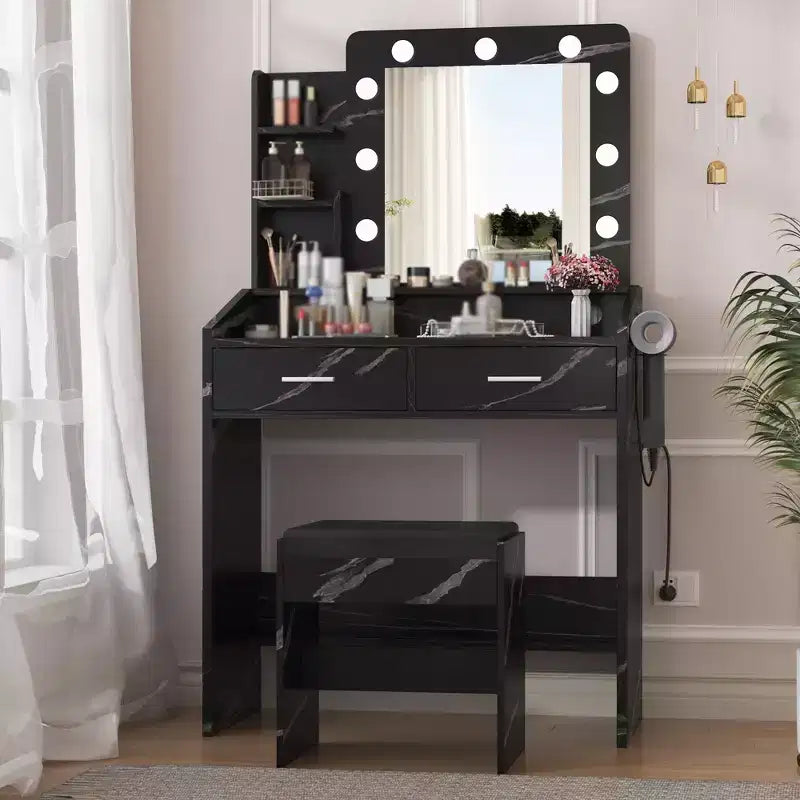 Coiffeuse avec miroir et lumières, coiffeuse de maquillage avec prise de courant et tabouret rembourré, 3 modes d'éclairage luminosité réglable, table de maquillage