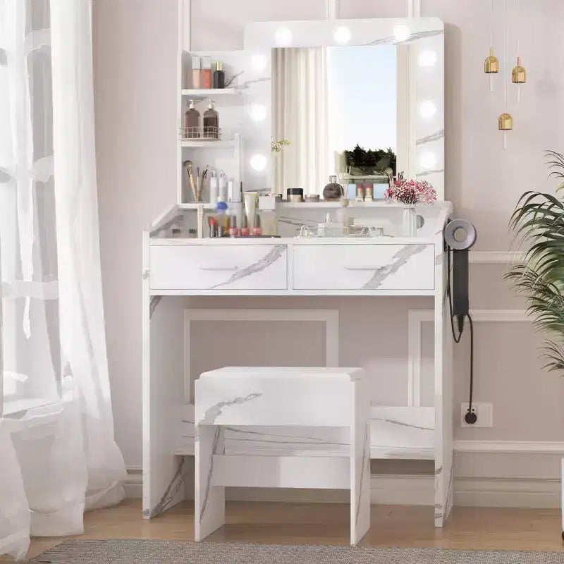Coiffeuse avec miroir et lumières, coiffeuse de maquillage avec prise de courant et tabouret rembourré, 3 modes d'éclairage luminosité réglable, table de maquillage
