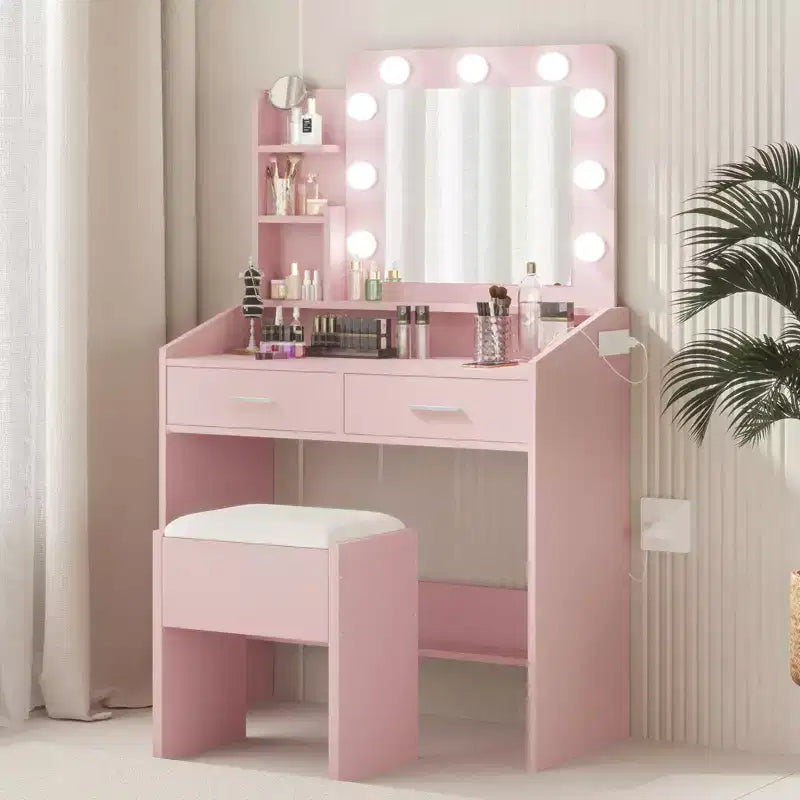 Coiffeuse avec miroir et lumières, coiffeuse de maquillage avec prise de courant et tabouret rembourré, 3 modes d'éclairage luminosité réglable, table de maquillage
