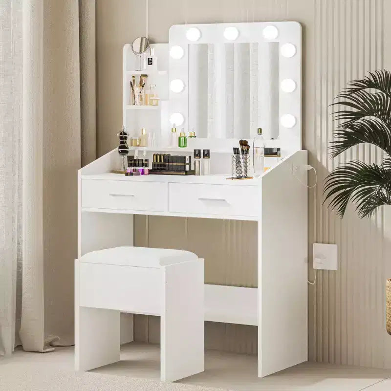 Coiffeuse avec miroir et lumières, coiffeuse de maquillage avec prise de courant et tabouret rembourré, 3 modes d'éclairage luminosité réglable, table de maquillage