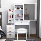 GDFStudio Tess 34.8'' Modern Mirror Vanity Desk with Lights, 1 Chair, 4 Drawers and Open Shelves