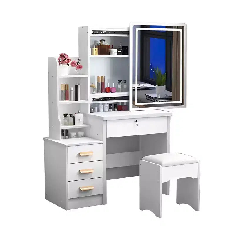 Coiffeuse moderne à miroir avec lumières de 88,4 cm, 1 chaise, 4 tiroirs et étagères ouvertes