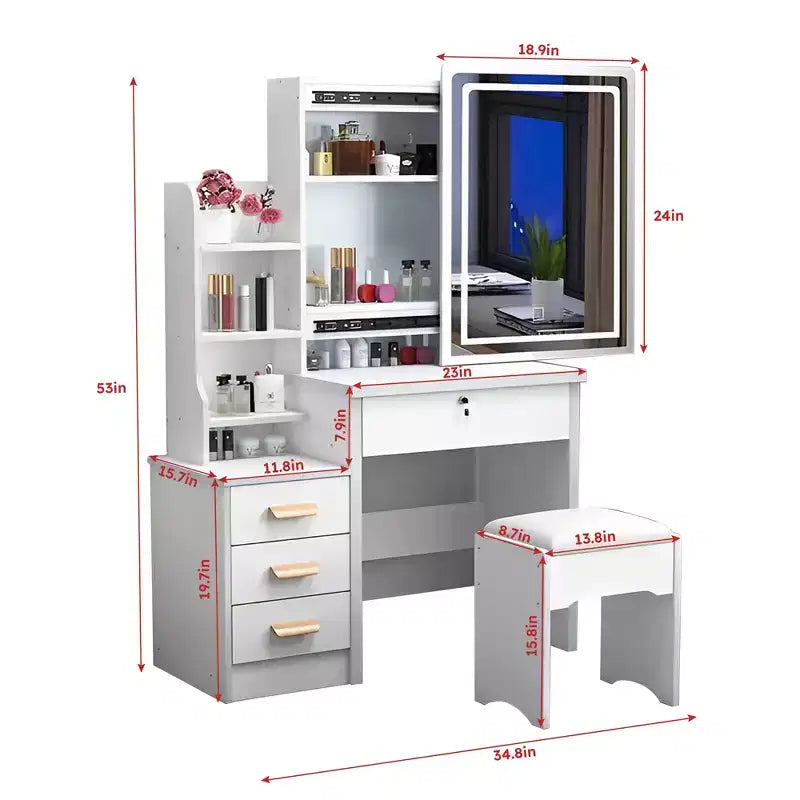 Coiffeuse moderne à miroir avec lumières de 88,4 cm, 1 chaise, 4 tiroirs et étagères ouvertes