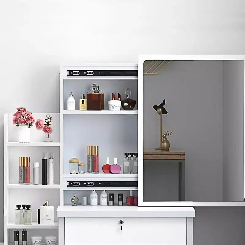 Coiffeuse moderne à miroir avec lumières de 88,4 cm, 1 chaise, 4 tiroirs et étagères ouvertes