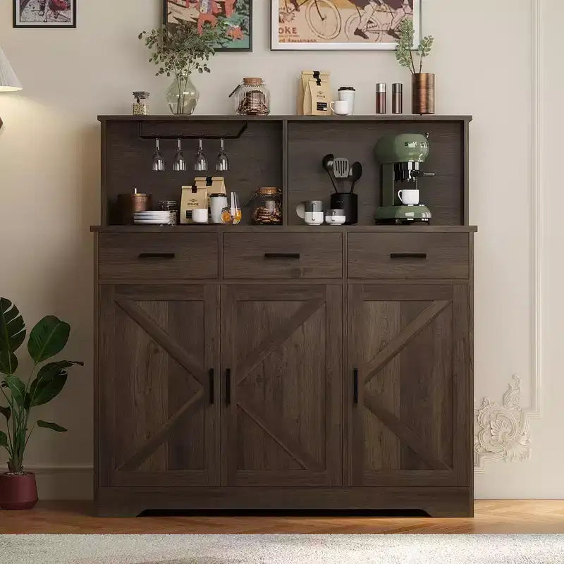 GustoWave Farmhouse Microwave Oven Buffet Cabinet, Wood Coffee Bar Cabinet for Kitchen, Versatile Storage Unit, Easy Assembly