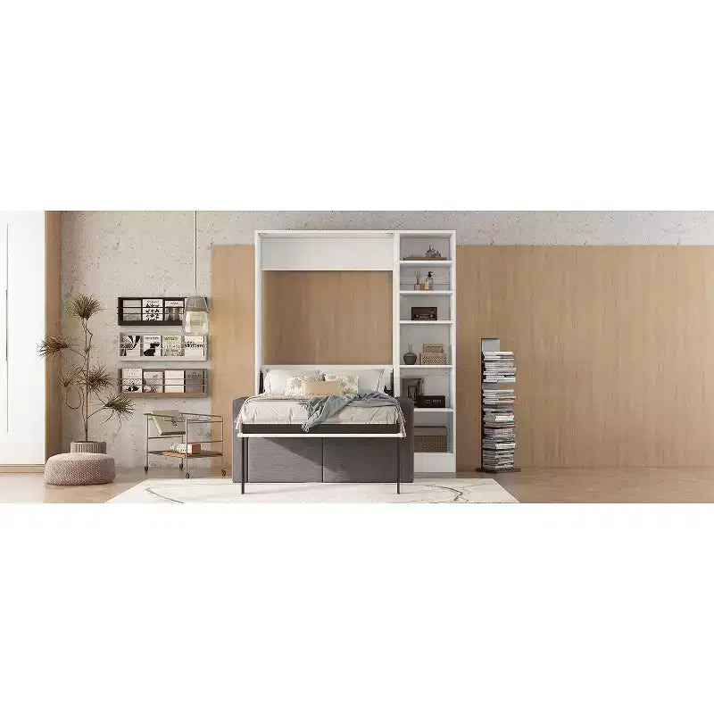 Lit escamotable double/simple avec canapé, Lit mural avec coussin, Lit escamotable avec étagères pour Chambre à coucher, Chambre d'amis, Petite pièce, Blanc