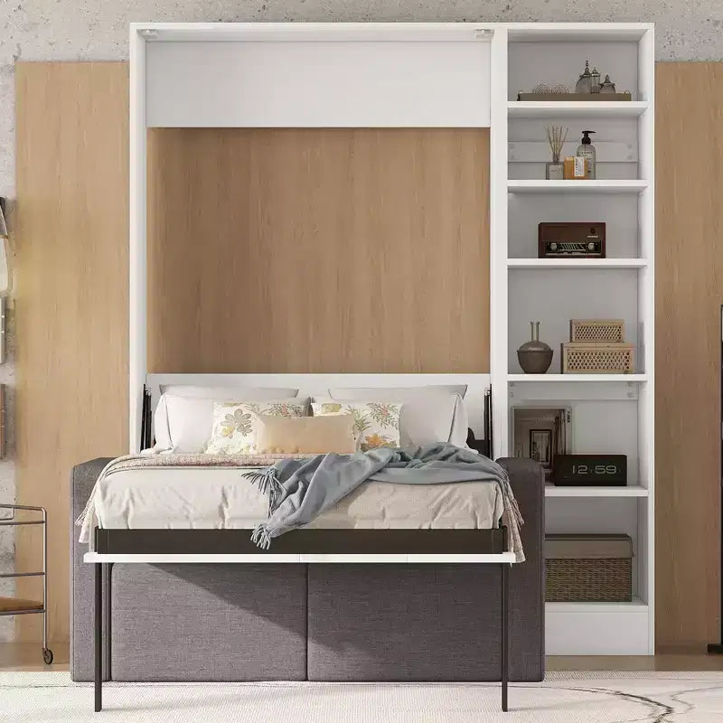 Lit escamotable double/simple avec canapé, Lit mural avec coussin, Lit escamotable avec étagères pour Chambre à coucher, Chambre d'amis, Petite pièce, Blanc