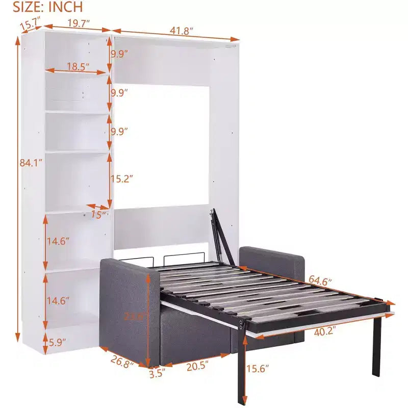 Lit escamotable double/simple avec canapé, Lit mural avec coussin, Lit escamotable avec étagères pour Chambre à coucher, Chambre d'amis, Petite pièce, Blanc