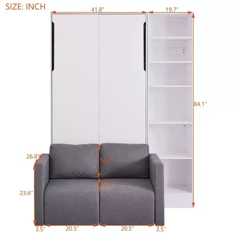 Lit escamotable double/simple avec canapé, Lit mural avec coussin, Lit escamotable avec étagères pour Chambre à coucher, Chambre d'amis, Petite pièce, Blanc