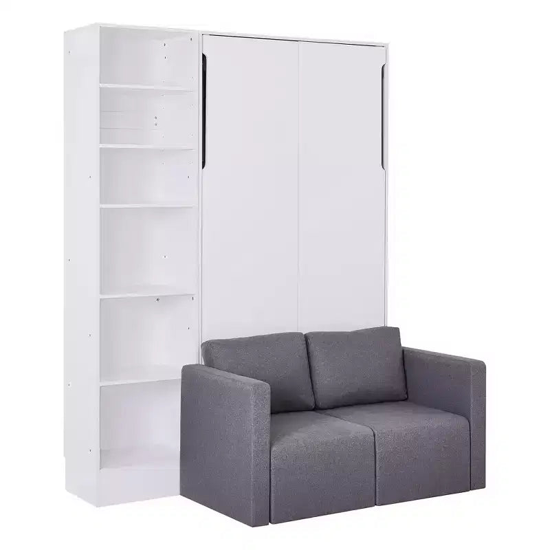 Lit escamotable double/simple avec canapé, Lit mural avec coussin, Lit escamotable avec étagères pour Chambre à coucher, Chambre d'amis, Petite pièce, Blanc