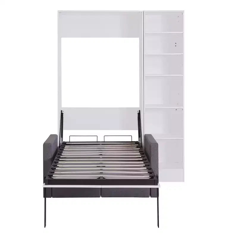 Lit escamotable double/simple avec canapé, Lit mural avec coussin, Lit escamotable avec étagères pour Chambre à coucher, Chambre d'amis, Petite pièce, Blanc
