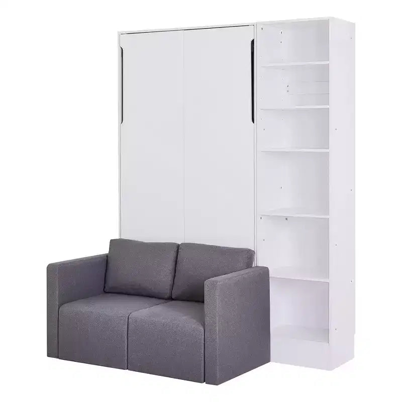 Lit escamotable double/simple avec canapé, Lit mural avec coussin, Lit escamotable avec étagères pour Chambre à coucher, Chambre d'amis, Petite pièce, Blanc