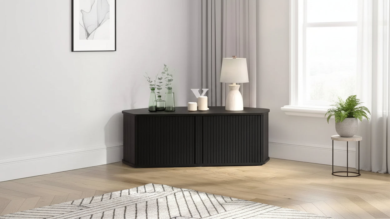 GALANO Corner TV Cabinet with Sliding Tambour Door in Black Oak, 43.3 W x 20 D x 14.8 H