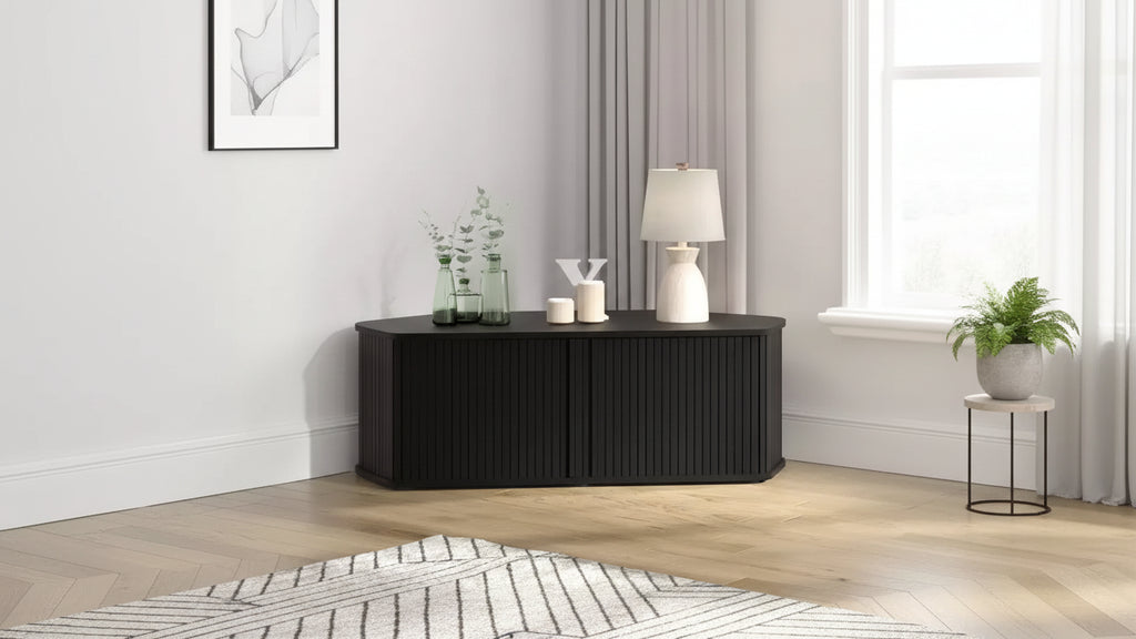 GALANO Corner TV Cabinet with Sliding Tambour Door in Black Oak, 43.3 W x 20 D x 14.8 H