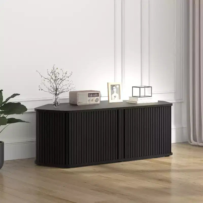 Meuble TV d'angle avec porte coulissante à lamelles en chêne noir, 43,3 L x 20 P x 14,8 H
