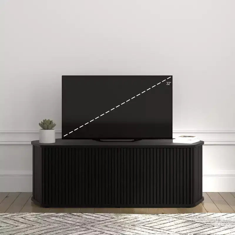 Meuble TV d'angle avec porte coulissante à lamelles en chêne noir, 43,3 L x 20 P x 14,8 H
