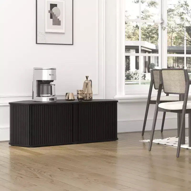 Meuble TV d'angle avec porte coulissante à lamelles en chêne noir, 43,3 L x 20 P x 14,8 H
