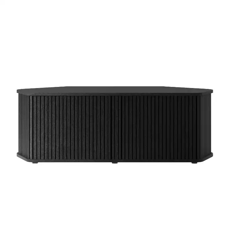 Meuble TV d'angle avec porte coulissante à lamelles en chêne noir, 43,3 L x 20 P x 14,8 H