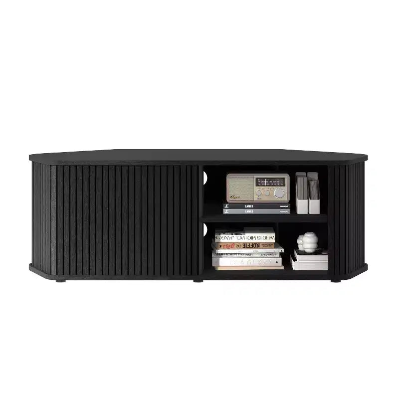 Meuble TV d'angle avec porte coulissante à lamelles en chêne noir, 43,3 L x 20 P x 14,8 H