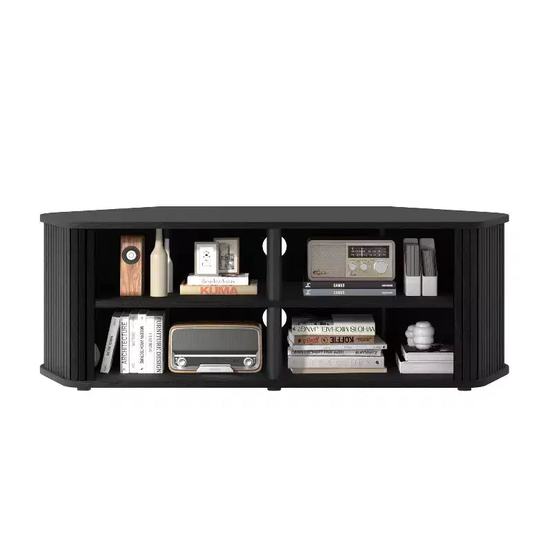 Meuble TV d'angle avec porte coulissante à lamelles en chêne noir, 43,3 L x 20 P x 14,8 H