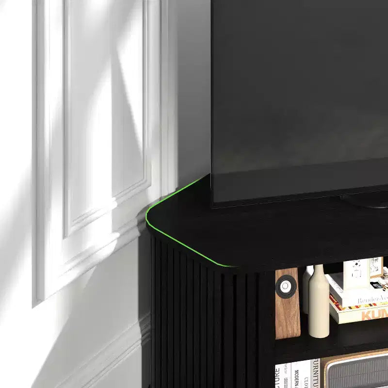 Meuble TV d'angle avec porte coulissante à lamelles en chêne noir, 43,3 L x 20 P x 14,8 H