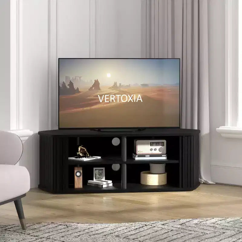 Meuble TV d'angle avec porte coulissante à lamelles en chêne noir, 43,3 L x 20 P x 14,8 H