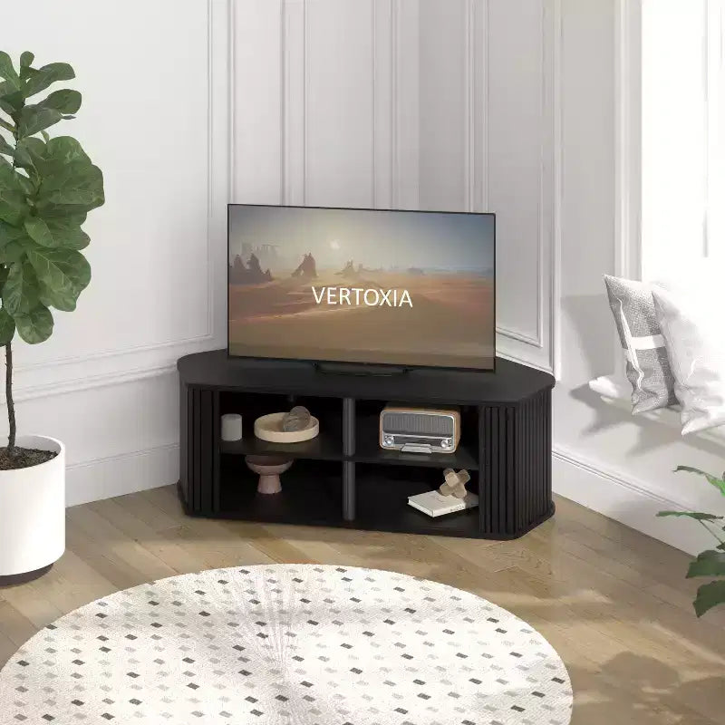 Meuble TV d'angle avec porte coulissante à lamelles en chêne noir, 43,3 L x 20 P x 14,8 H
