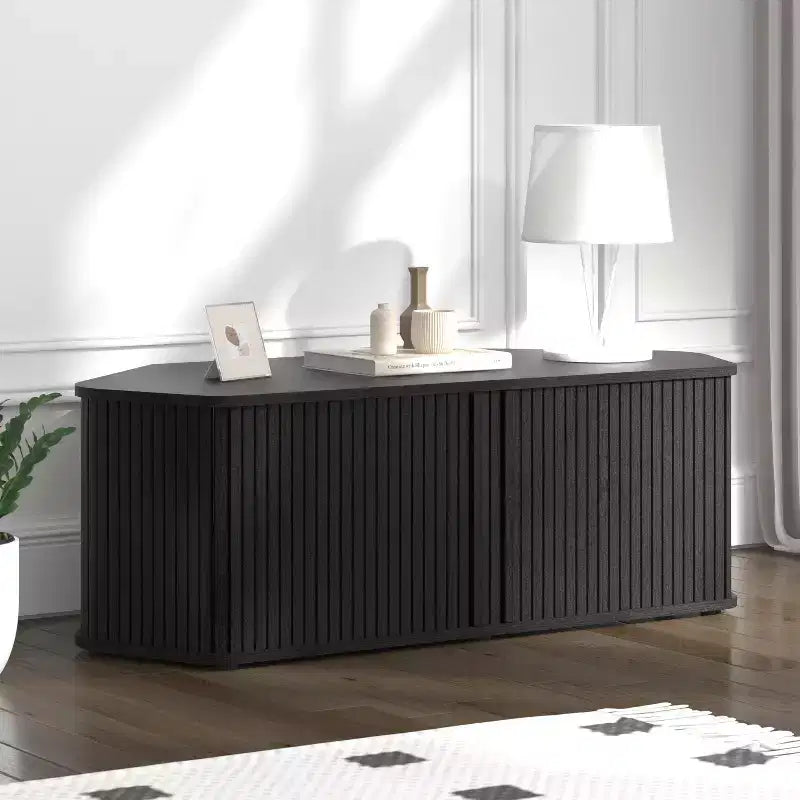 Meuble TV d'angle avec porte coulissante à lamelles en chêne noir, 43,3 L x 20 P x 14,8 H