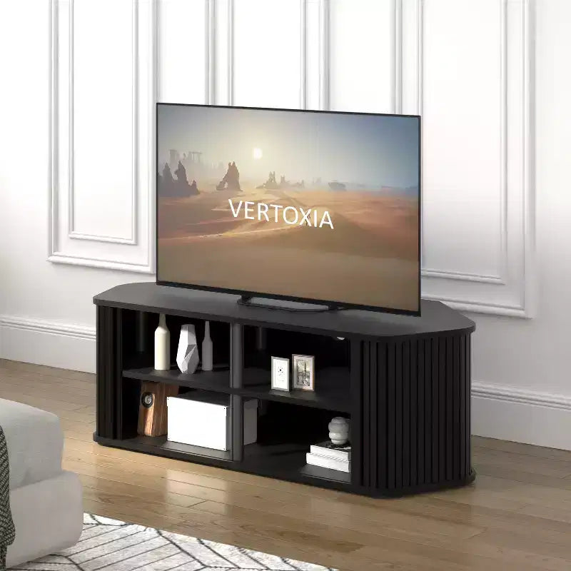 Meuble TV d'angle avec porte coulissante à lamelles en chêne noir, 43,3 L x 20 P x 14,8 H