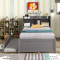 MAYEERTY Twin Platform Bed with Storage Headboard Pull Out Trundle Sturdy Pine Wood Bed for Living Room Gray