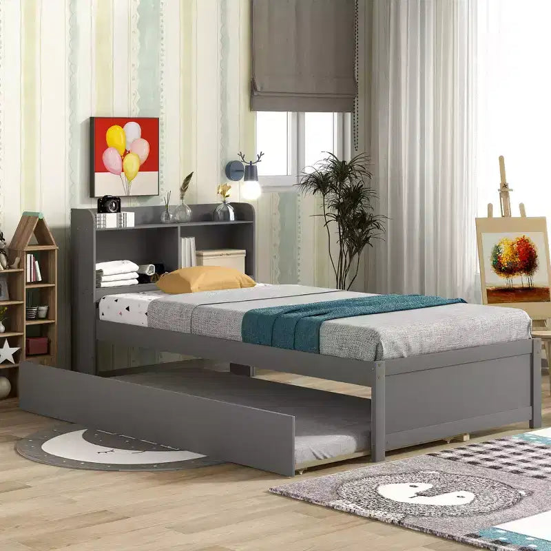 Lit double plateforme avec tête de lit de rangement, lit gigogne coulissant, lit robuste en bois de pin pour salon, gris