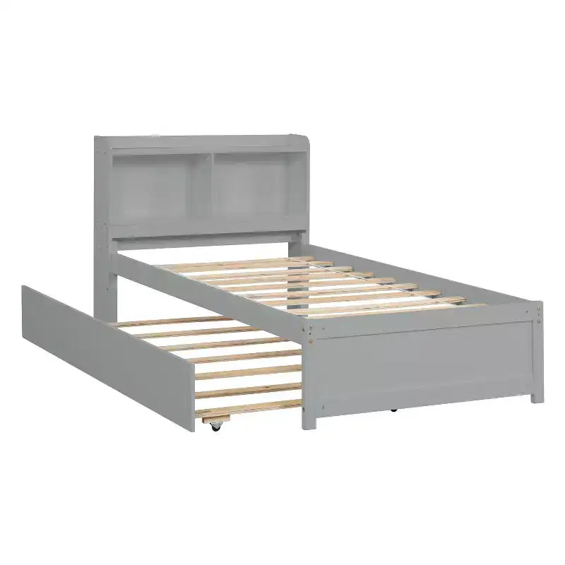 Lit double plateforme avec tête de lit de rangement, lit gigogne coulissant, lit robuste en bois de pin pour salon, gris