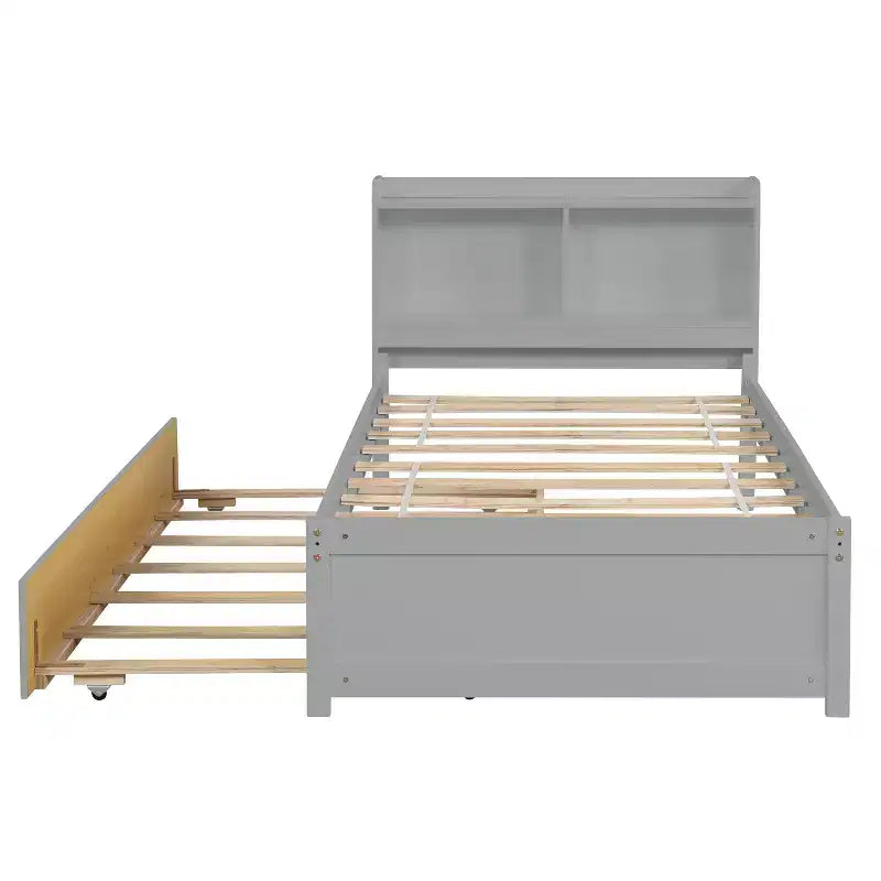 Lit double plateforme avec tête de lit de rangement, lit gigogne coulissant, lit robuste en bois de pin pour salon, gris