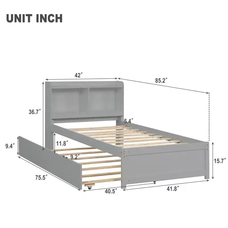 Lit double plateforme avec tête de lit de rangement, lit gigogne coulissant, lit robuste en bois de pin pour salon, gris
